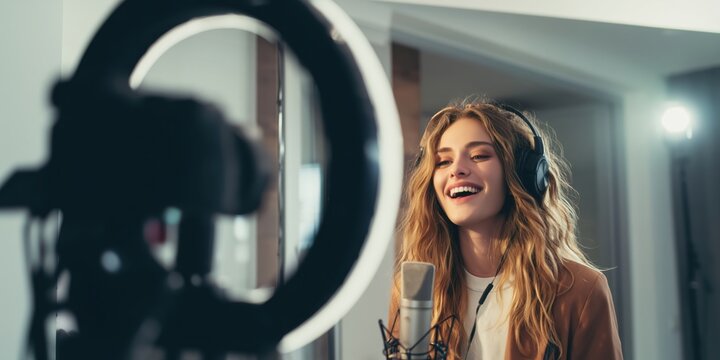 Woman recording video blog with ring light in home studio