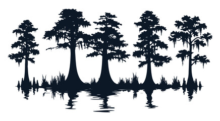Southern Swamp Cypress Trees Line with Water Reflection Silhouette Vector © ghaffar