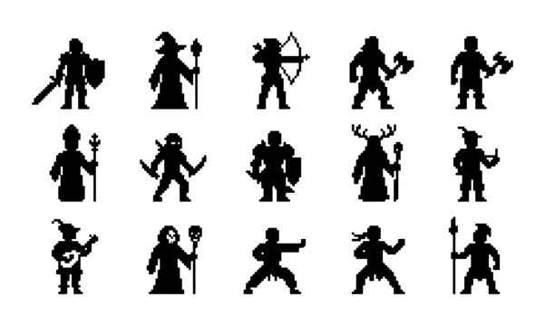 Fantasy Game Character Silhouettes, Medieval Warrior Icons, Magical Hero Vector Set, Role-Playing Adventure Figures, 15 Pixel Art Elements