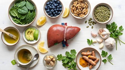 Healthy liver model surrounded by nutritious foods for liver health