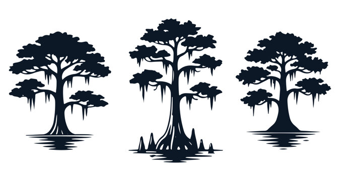 Cypress Trees and Live Oaks with Spanish Moss Silhouette Vector Set