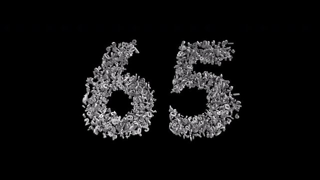 Number 65 Formed by Small Digits Animation with Alpha Channel. Typographic Number Formation Effect. Digital Number Made of Numbers. 3D Font Typographic Animation. Transparent BG