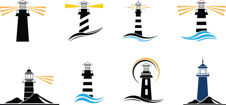 Lighthouse icon set, representing coastal navigation and maritime safety. nautical shore base coastal Ideal for sea travel, coastal design, tourism branding, apps, web interfaces, and infographics.