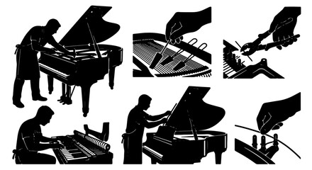Piano Tuning and Repair Set, Musical Instrument Maintenance Icons, Craftsmanship Silhouettes, Professional Musician Tools, Vector Graphics Collection © Shawon