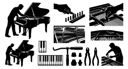 Piano Tuning and Repair Set, Musical Instrument Maintenance Icons, Black and White Vector Graphics for Service Professionals and Musicians © Shawon