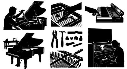 Piano Tuning and Repair Set, Musical Instrument Maintenance Icons, Black and White Vector Graphics for Service Professionals and Hobbyists © Shawon