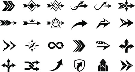 Fototapeta premium Creative Black Arrow Icons Collection with Decorative Geometric and Directional Symbols on White Background