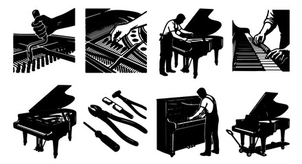 Piano Repair and Tuning Icons, Musical Instrument Maintenance Set, Vintage Style Vector Graphics for Music Industry © Shawon