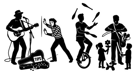 Street Performers Vector Set: Musician, Mime, Juggler, Balloon Artist, and Dog, Black and White Silhouettes for Entertainment and Performance Concepts © Faruq