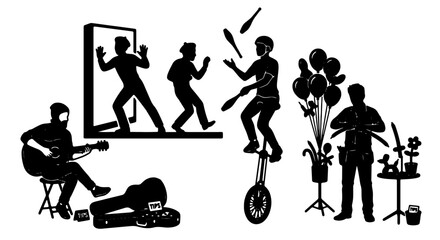 Street Performers Silhouette Collection, Juggler on Unicycle, Guitarist, Balloon Artist, 5 Elements, Black and White Vector Art for Entertainment and Festival Concepts © Faruq