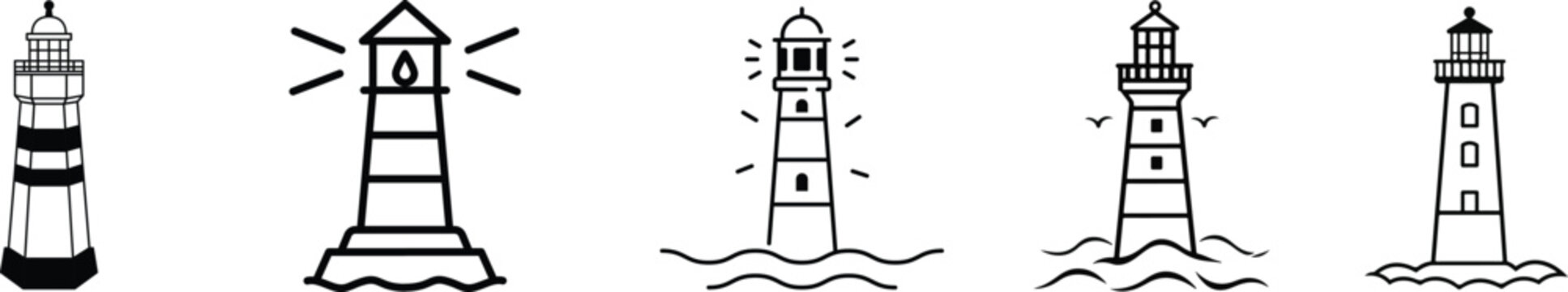 Lighthouse icon set, representing coastal navigation and maritime safety. nautical shore base coastal Ideal for sea travel, coastal design, tourism branding, apps, web interfaces, and infographics.