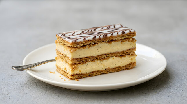 Classic French Mille Feuille Pastry with Vanilla Custard Bean Cream and Marbled Icing on White Plate Close Up Food Photography