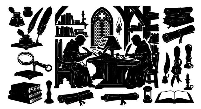 Monastic Scribes Manuscript Illustration Set, Medieval Scriptorium Scene, Vintage Calligraphy Tools, Historical Writing Elements, Silhouette Collection