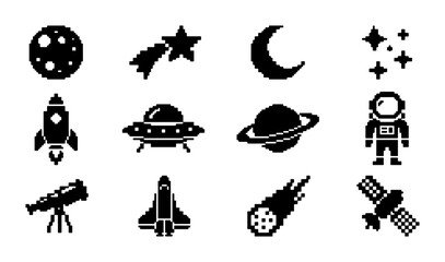 Pixel Art Space Icons Set: Astronaut, Rocket, UFO, Planet, Moon, Stars, Telescope, Satellite, Comets, Vector Graphics for Cosmic Themes © PixelArtBox