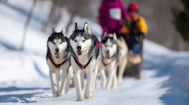 Sled dogs pulling sled in snowy winter landscape