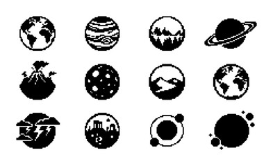 Cosmic Planets and Celestial Bodies Icon Set, Space Exploration Vector Graphics, Astronomical Objects Collection, Universe and Galaxy Symbols © PixelArtBox