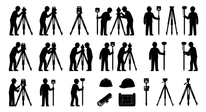 Surveyor Icon Set, Geodetic Surveying Equipment Icons, Land Surveying Tools, Construction Site Professionals, Engineering Measurement Symbols, Black Silhouette Vector Graphics