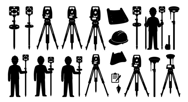 Surveying Equipment Icons Set, Geodetic Instruments Collection, Surveyors Tools Vector Graphics, Precision Measurement Devices