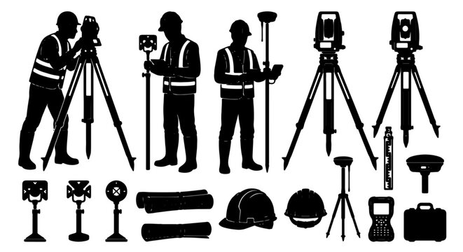 Surveyor Icons Set, Land Surveying Equipment Vector Graphics, Construction Professionals Silhouettes, Blueprint Tools Collection