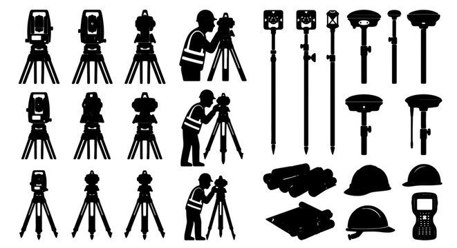 Surveying Equipment Icons Set, Total Station and GPS Receiver Graphics, Geodetic Tools Collection, Construction and Engineering Vector Elements