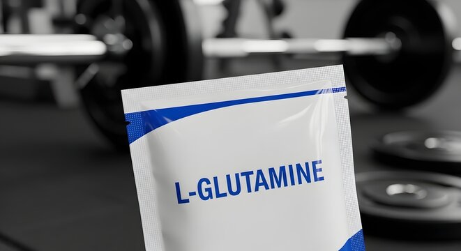 Glutamine supplement powder packaging in a gym