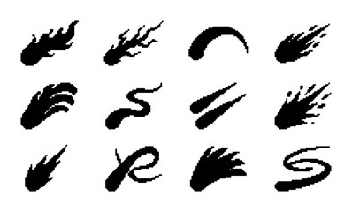 Dynamic Black Comet Streaks, Meteor Trails, and Abstract Swirls Vector Icons Set  Cosmic Energy Bursts, Speed Lines, and Fireball Effects for Sci-Fi and Fantasy Graphics © PixelArtBox