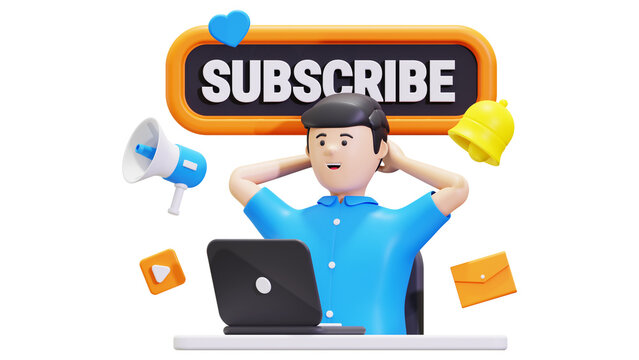 3D character sitting with laptop, megaphone, and subscribe button isolated on transparent background