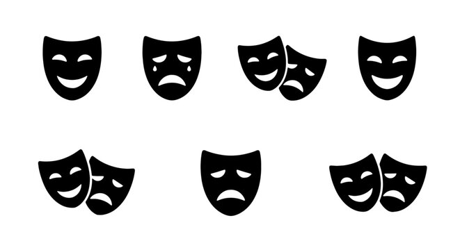 Theater Masks Vector Icons, Comedy Tragedy Symbols, Performance Emotion Faces, Dramatic Art Collection, Black and White Graphic Elements