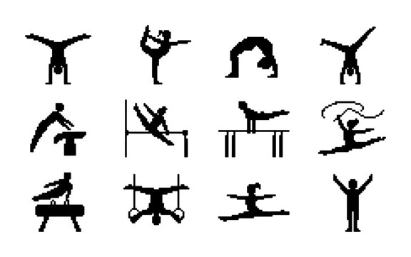 Gymnastics Silhouette Icons Set: Artistic Sports Poses, Athletic Performance Vector Graphics, Rhythmic Gymnastics, Floor Exercise, Balance Beam, Rings, Vault, Pommel Horse, Parallel Bars