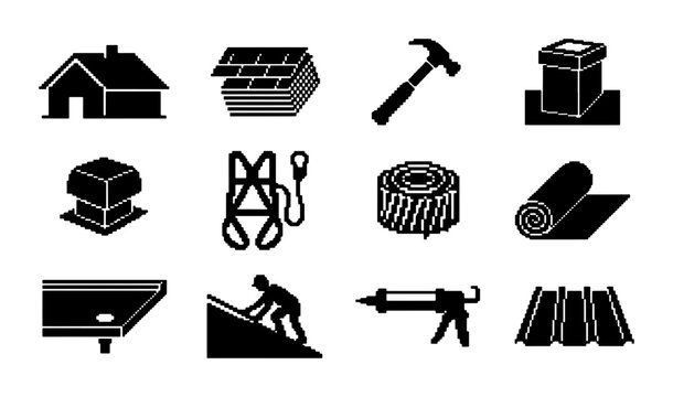 Roofing Construction Icons Set, Building Materials and Tools Vector Graphics, Residential and Commercial Property Maintenance Symbols