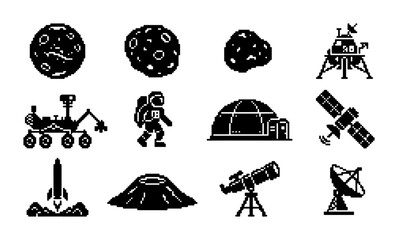 Pixel Art Space Icons Set: Astronaut, Rocket, Rover, Planets, Lunar Lander, Telescope, Satellite, Dome, Crater, Radar Dish, Cosmic Exploration Vector Graphics © PixelArtBox