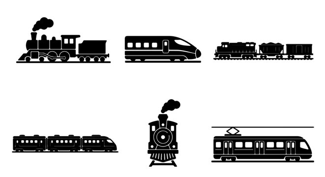Diverse Train Collection, Vintage Steam Engine, Modern High-Speed Rail, Freight Locomotive, Electric Tram, Vector Icons for Transportation and Logistics