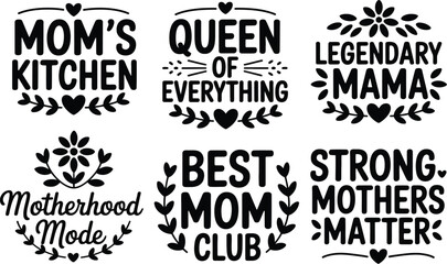 Obraz premium Decorative mom themed typography collection featuring kitchen quotes and supportive phrases framed with floral wreaths and heart motifs for creative mother day projects.
