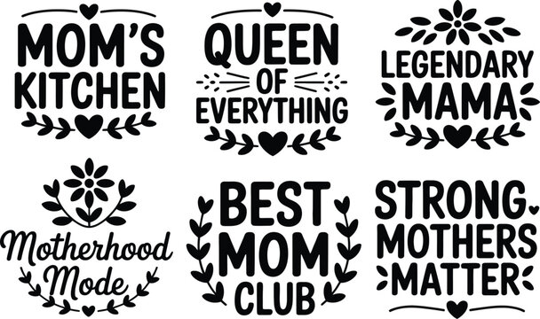 Decorative mom themed typography collection featuring kitchen quotes and supportive phrases framed with floral wreaths and heart motifs for creative mother day projects.