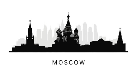 Fototapeta premium Moscow skyline silhouette, St. Basil's Cathedral, travel icon, white background