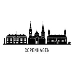 Obraz premium Copenhagen Cityscape Silhouette: Iconic Architecture, Black and White Vector