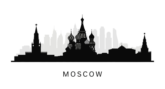 Moscow skyline silhouette, St. Basil's Cathedral, travel icon, white background