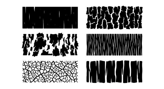 Six Black Grunge Textures, Cracked and Striped Vector Patterns, Rough Surface Overlays for Graphic Design and Artistic Effects