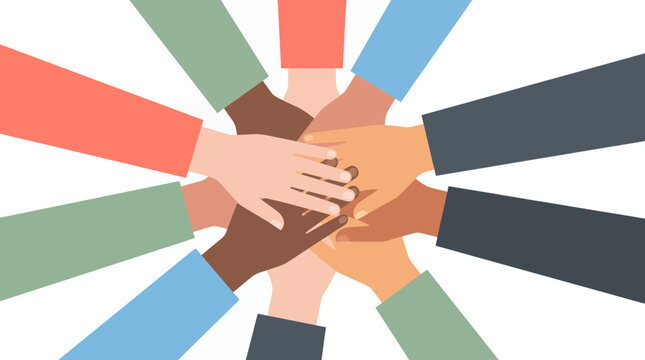 Diverse group of multiracial hands stacked together in a circle formation on a white background, symbolizing corporate team building and illustrating global unity or community cooperation