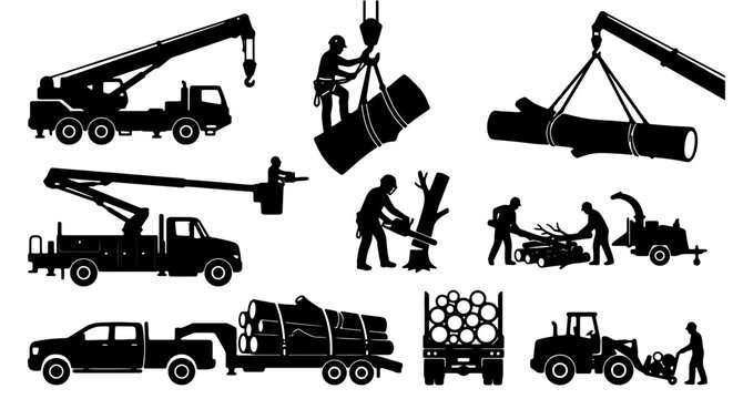 Logging Industry Silhouettes: Crane Trucks, Chainsaw Workers, Log Haulers, Wood Chipper, Tractor, Forestry Equipment Vector Icons