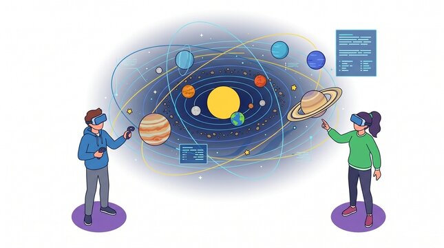 Isometric illustration of students wearing vr headsets exploring a floating giant solar system