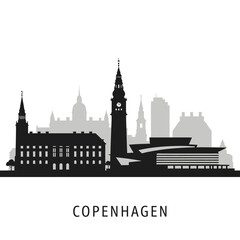 Naklejka premium Copenhagen skyline silhouette illustration, black and white minimal graphic