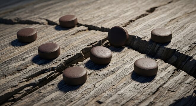 Brown game pieces on wooden table
