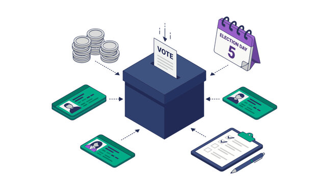 Isometric illustration of a blue ballot box surrounded by ID cards coins and an election calendar on white background, symbolizing democratic voting process and illustrating civic duty