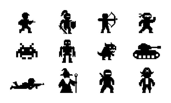 Retro Pixel Art Game Icons Set, 12 Vector Characters and Vehicles for Digital Design, 8-Bit Style Gaming Elements