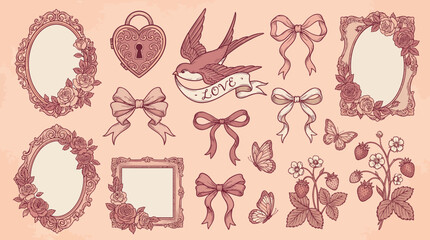 Naklejka premium Vintage collection of ornate floral frames, heart lock, swallow bird with ribbon, butterflies and strawberries, symbolizing romantic invitation design, representing nostalgic scrapbooking