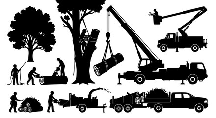 Arborists and Forestry Equipment Silhouettes: Tree Removal, Wood Chipping, Crane Lifting, Truck Operations, and Logging Vector Set © Sharif