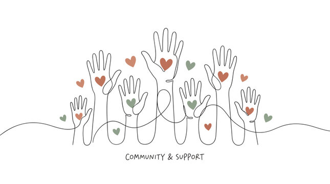 Minimalist continuous line art illustration showing group of raised human hands with hearts, Expressing social unity and care, symbolizing volunteer work or global community support