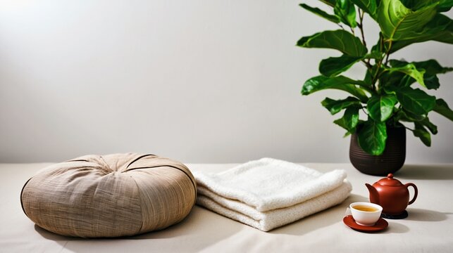 Cozy meditation cushion and folded blanket with tea and plant