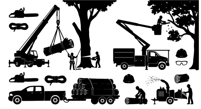 Arborist and Logging Equipment Set: Tree Removal, Wood Chipper, Crane, Trucks, Chainsaws, Safety Gear, Vector Silhouettes for Industry and Services